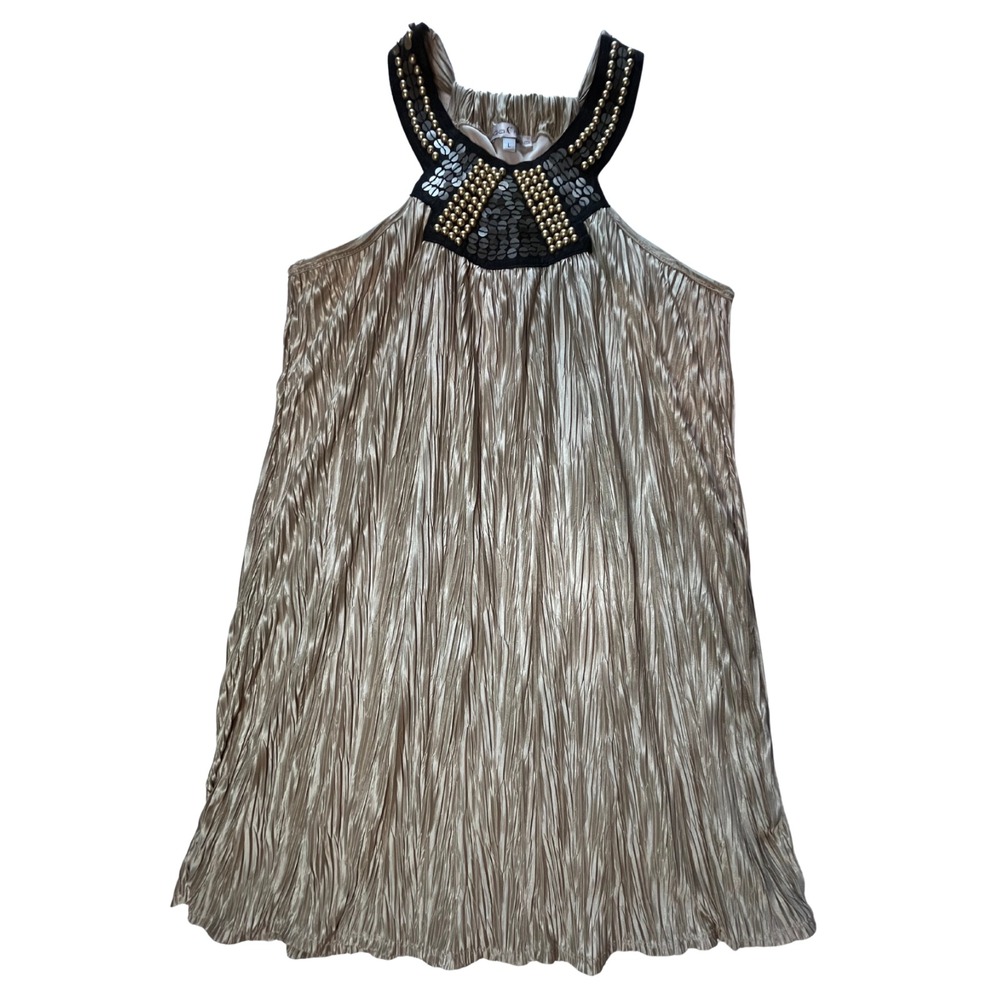 Vintage 90s Y2K Beaded Halter Dress L Gold Brown Crinkly Sequins McBling Retro
